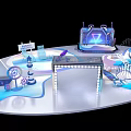 Contemporary Art Installation With Geometric Structures Blue Lighting And Transparent Elements
