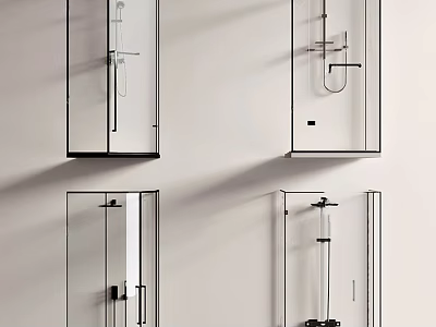 Modern Shower Enclosures with Glass Panels and Different Designs Mounted on White Walls 3d model