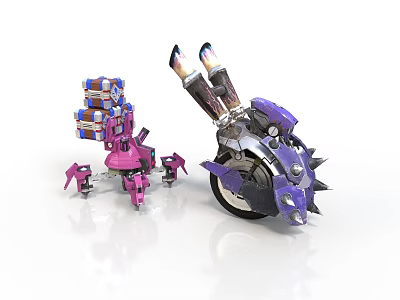 Two Colorful Robots With Pink Purple Mechanical Structure And Spiked Wheels 3d model