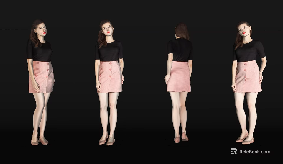 A Woman In Black Top And Pink Skirt With High Heels From Different Angles 3d model 