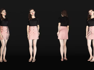 A Woman In Black Top And Pink Skirt With High Heels From Different Angles 3d model