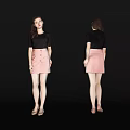 A Woman In Black Top And Pink Skirt With High Heels From Different Angles