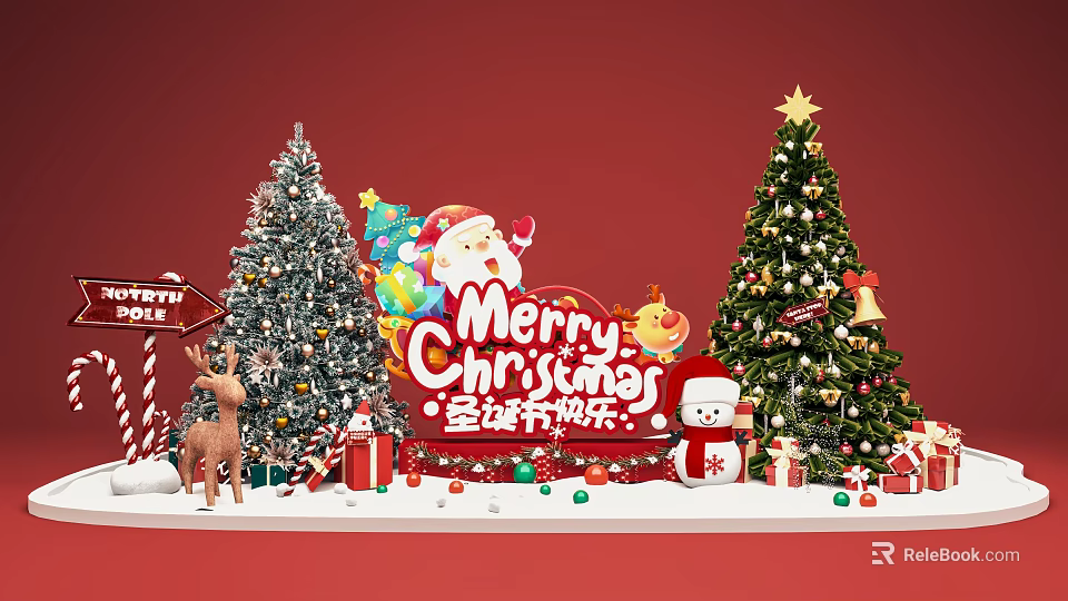 Christmas Photo Spot With Decorated Trees Santa Claus Gifts Reindeer And Snowman 3d model 