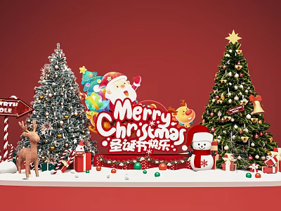 Christmas Photo Spot With Decorated Trees Santa Claus Gifts Reindeer And Snowman 3d model