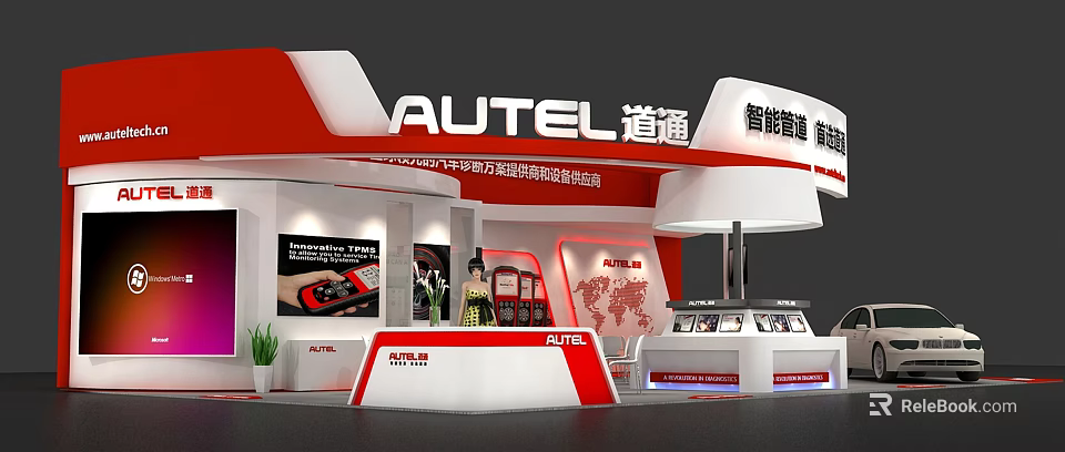 Autel Exhibition Booth With Red And White Design For Smart Manufacturing Product 3d model 