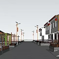 Vibrant Commercial Street Lined With Trees Pedestrians Walking Car Passing And Flower Planters