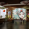 Cultural Center Interior With Traditional Opera Mask Mural Red Lanterns And Wooden Decor