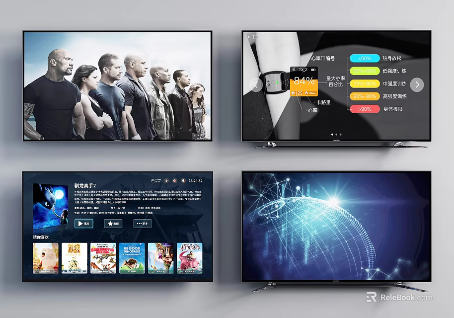 Smart TV With Multiple Screens Displaying Streaming Content And Apps Interface 3d model