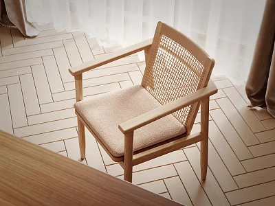 Accent Chair With Wooden Frame Armrests Woven Backrest Beige Cushion On Herringbone Floor And Curtains 3d model