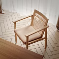 Accent Chair With Wooden Frame Armrests Woven Backrest Beige Cushion On Herringbone Floor And Curtains