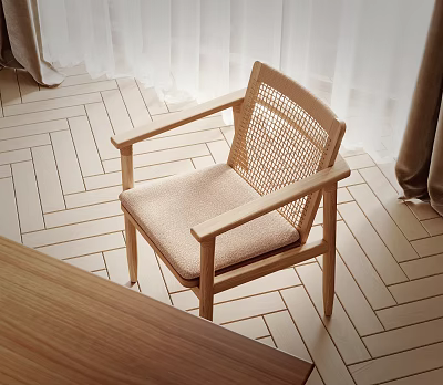 Accent Chair With Wooden Frame Armrests Woven Backrest Beige Cushion On Herringbone Floor And Curtains 3d model