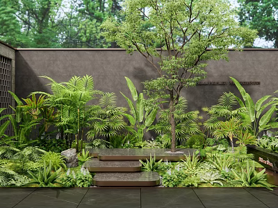 Tropical Plant Combination With Lush Greenery Various Plants Stone Steps And Wall 3d model