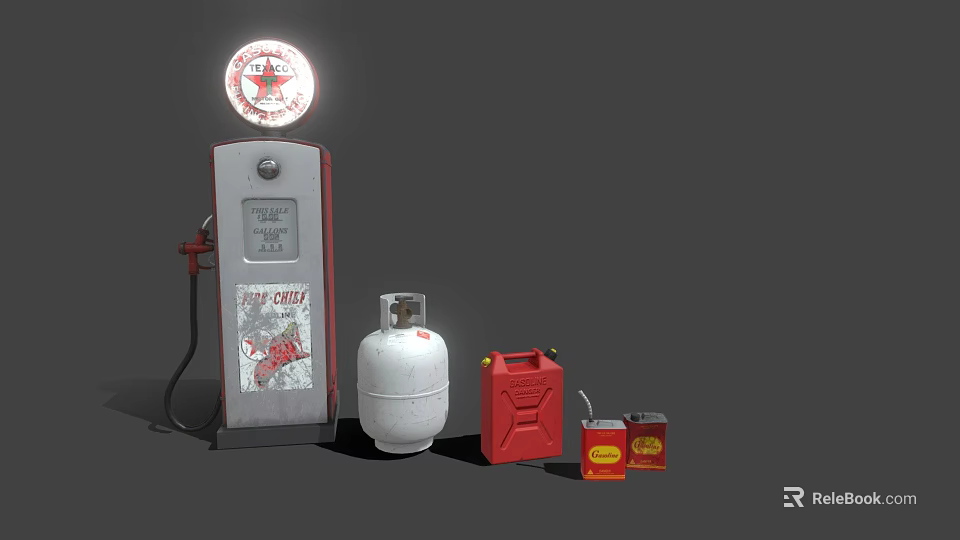 Vintage Fuel Pump With LPG Cylinder Red Jerry Can And Small Oil Can 3d model 