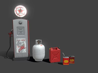 Vintage Fuel Pump With LPG Cylinder Red Jerry Can And Small Oil Can 3d model
