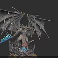 Game Movie Demon Character with Large Black Wings Chains Skeleton Holding Flaming Weapon Blue Fire