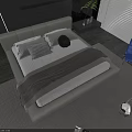 Modern Double Bed With Light Frame Pillows Blanket Nightstand Plant And Blue Chair In Bedroom