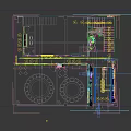 Modern Hotel Lobby Featuring Red Circular Decor Gray Marble Floor Reception Desk Plants Beverage Cooler