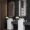 Modern Bathroom With Double Washbasins Dark Marble Wall Backlit Mirrors And White Flowers