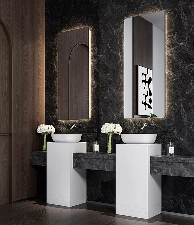 Modern Bathroom With Double Washbasins Dark Marble Wall Backlit Mirrors And White Flowers 3d model