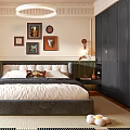 Elegant Modern Bedroom Interior With Dark Wardrobe Wall Art Wooden Floor And Area Rug