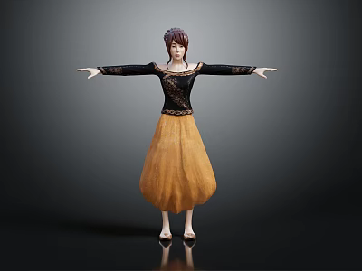 3D Female Character In Black Top And Yellow Skirt With Arms Outstretched 3d model