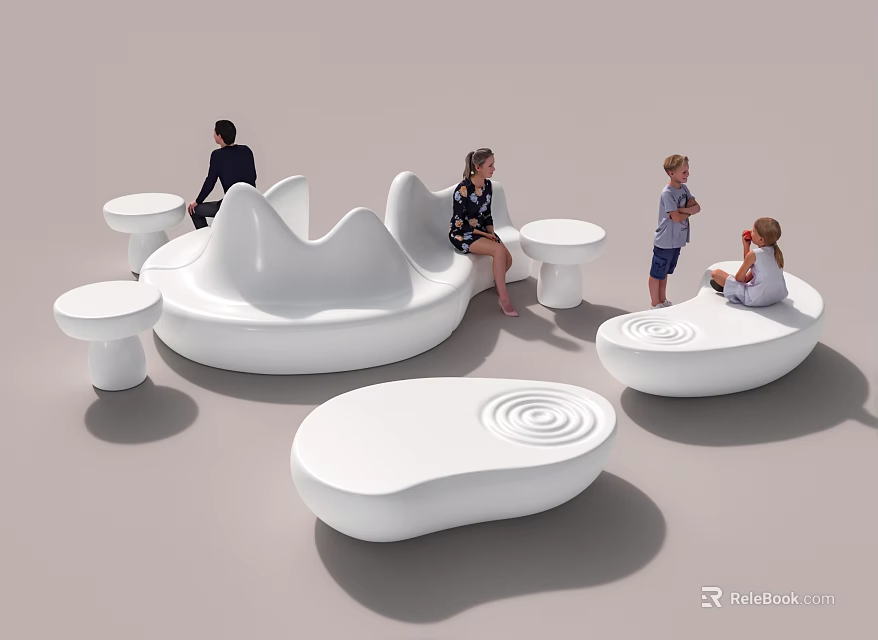 Modern White Curved Public Chairs With Small Round Tables And People Sitting 3d model 