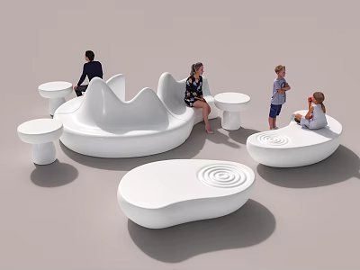 Modern White Curved Public Chairs With Small Round Tables And People Sitting 3d model