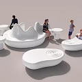 Modern White Curved Public Chairs With Small Round Tables And People Sitting