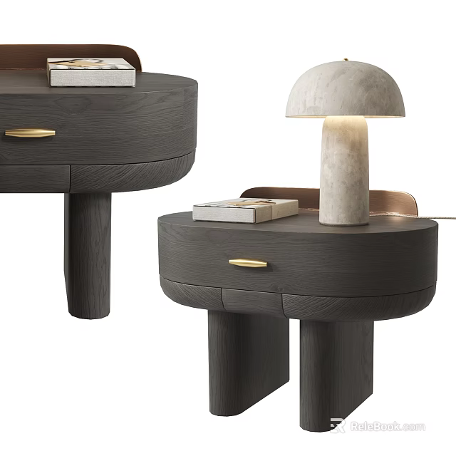 Modern Dark Wood Bedside Table With Rounded Design Golden Handles And Marble Dome Lamp 3d model 