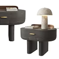 Modern Dark Wood Bedside Table With Rounded Design Golden Handles And Marble Dome Lamp
