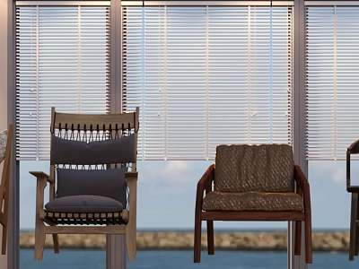 Cozy Single Sofa With Wooden Frame And Soft Cushion By Sea View Window Blinds 3d model