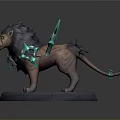 Mythical 3D Lion Figure With Blue Crystal Spikes And Dark Fur On Circular Base