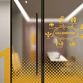 Collaboration Themed Glass Door Design With Yellow Icons In Modern Office Space