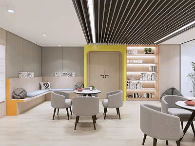 Modern Lounge Area Interior Design With Comfortable Seating Tables And Bookshelves 3d model