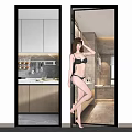 Slim Woman In Black Bikini Leaning Against Textured Glass Door Interior