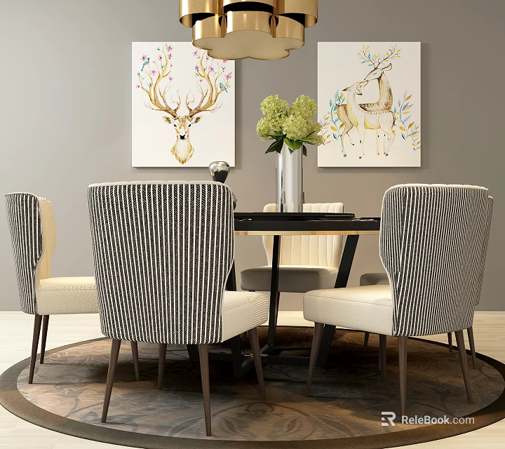 Cozy Dining Table Set With Striped Back Chairs Vase Flowers Deer Paintings And Ceiling Lamp 3d model 