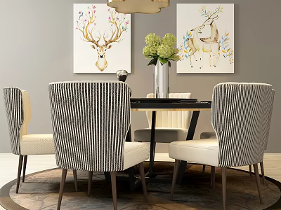 Cozy Dining Table Set With Striped Back Chairs Vase Flowers Deer Paintings And Ceiling Lamp 3d model