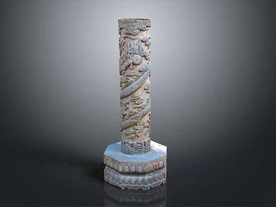 Ancient Traditional Stone Pillar Showcasing Detailed Carved Dragon And Ornate Decorative Base 3d model