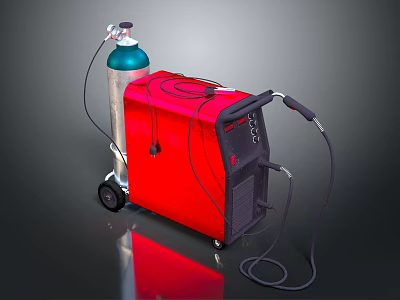 Red Industrial Welding Equipment with Blue Gas Cylinder Wheels and Cables 3d model