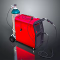Red Industrial Welding Equipment with Blue Gas Cylinder Wheels and Cables