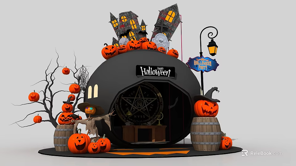 Spooky Halloween Themed Decorations Display With Pumpkins Lantern Witches Hat And Pentagram 3d model 