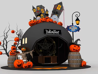 Spooky Halloween Themed Decorations Display With Pumpkins Lantern Witches Hat And Pentagram 3d model
