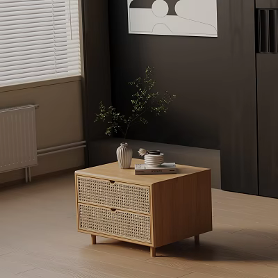 Wooden Side Table With Wicker Drawers Vase Plant And Stack Of Plates In Modern Interior 3d model