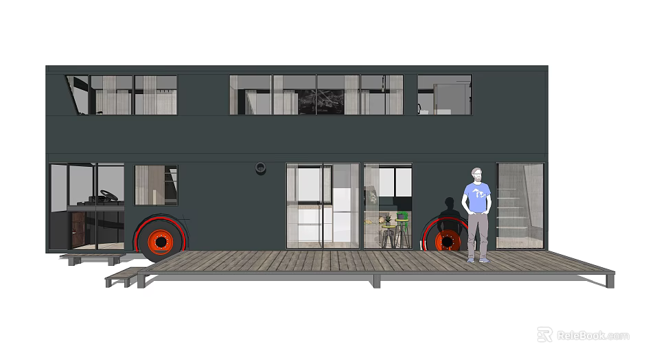 Black Mobile Car Home With Large Windows Red Wheels And Wooden Platform 3d model 