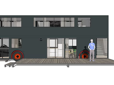 Black Mobile Car Home With Large Windows Red Wheels And Wooden Platform 3d model