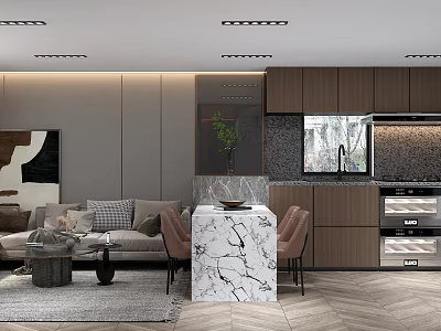 Modern Apartment Open Layout Living Room Kitchen Beige Sofa Marble Island Wooden Cabinets Large Window 3d model