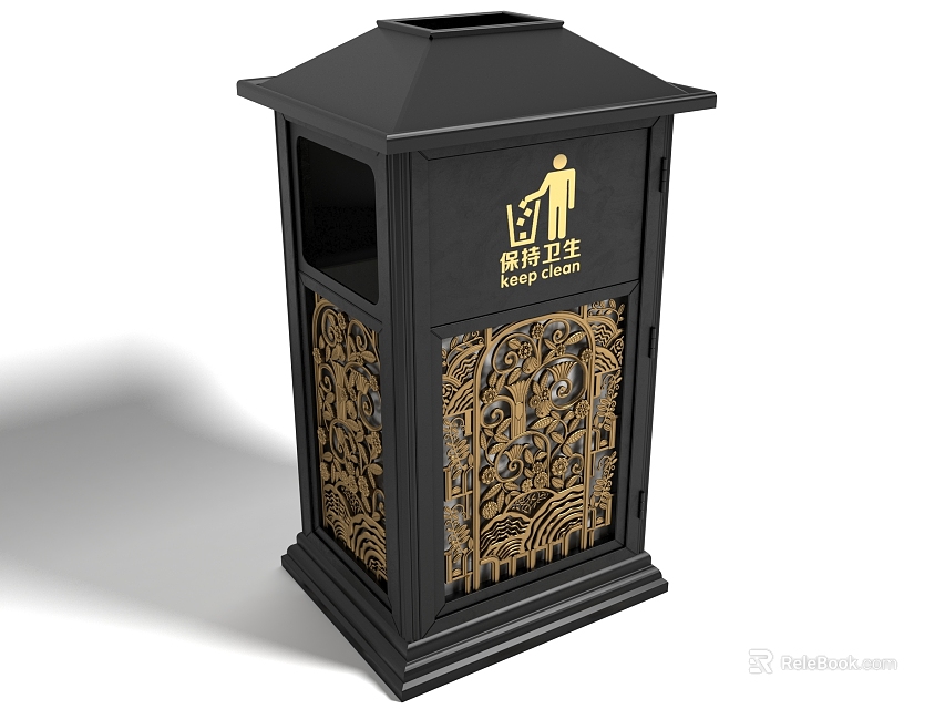Public Facility Black Trash Can With Golden Decorative Patterns And Waste Disposal 3d model 