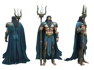 Game Movie Character Design Featuring Trident Blue Cape And Long Beard 3d model
