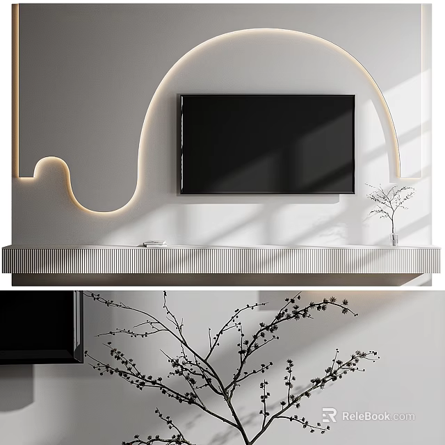 Modern TV Background Wall With Curved Lighting And Decor 3d model 