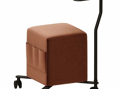 Compact Stylish Brown Upholstered Cube Seat With Black Metal Frame And Wheels 3d model